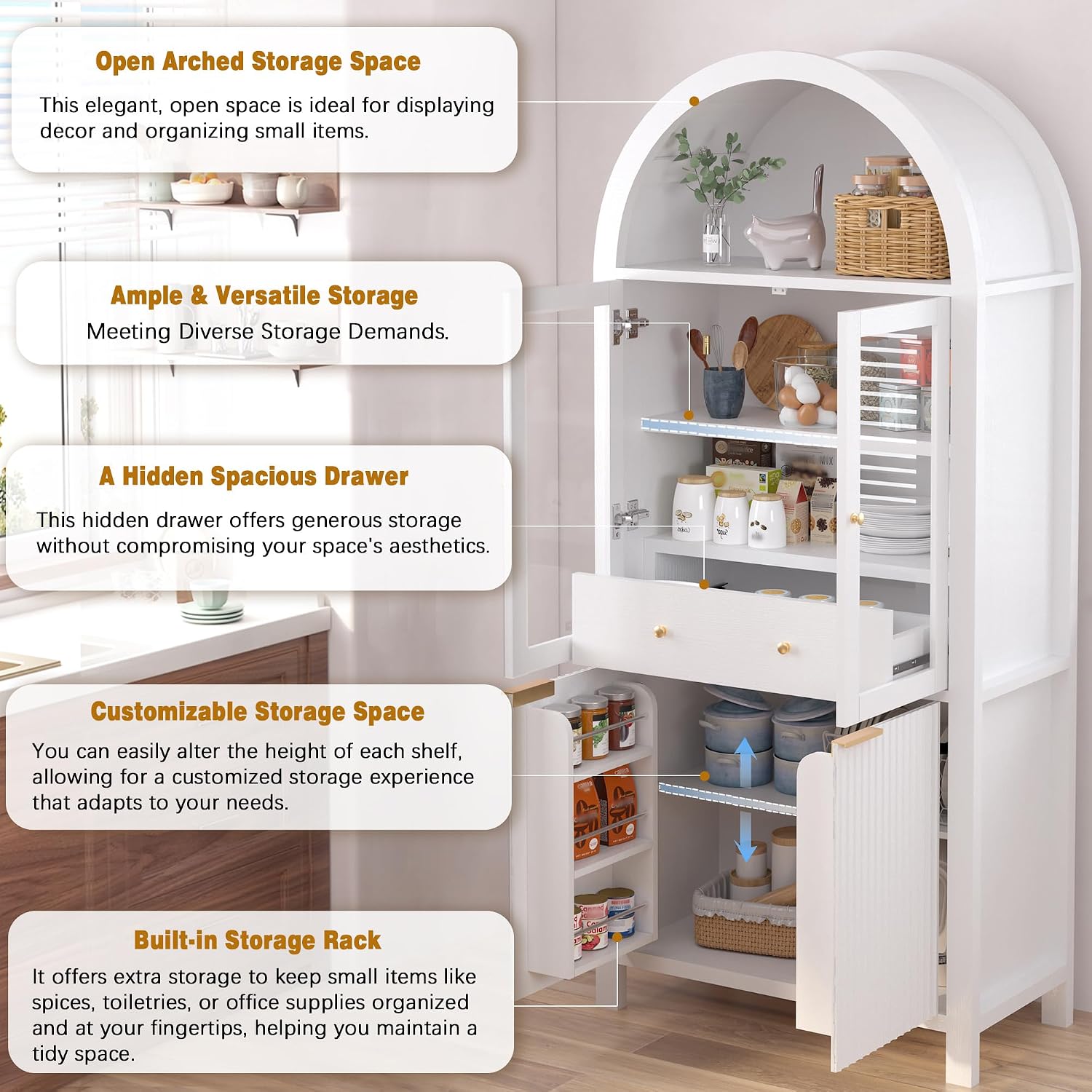 MERITLINE 71" Fluted Arched Pantry Cabinet with Glass Door & Hidden Drawer - Tall Display Storage Cabinet with Adjustable Shelves for Kitchen, Dining Room, Living Room (White)