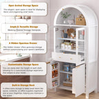 Fluted Tall Pantry Cabinet with Glass Door & Adjustable Shelves for Kitchen Storage and Living Room, Modern Farmhouse Arched Display Cabinet (White)