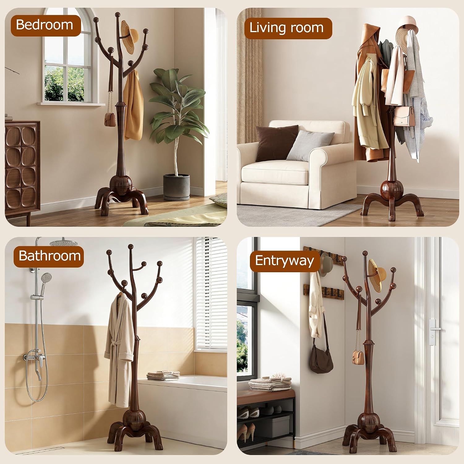 Wood Freestanding Coat Rack 8 Hooks Coat Tree Standing,Dark Walnut | Wooden Creative Clothes Hanger with Sturdy Sphere Base and Tree Branch Hooks 160lb Load Capacity for Entryway Hallway Bedroom
