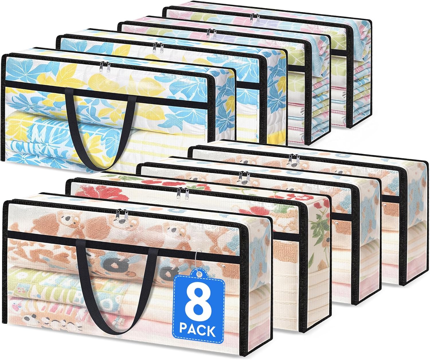 TasticTotes 8 Pack Long Clear Storage Bags for Comforter, Clothes & Bedding, Plastic Blanket Storage with Zipper and Handle, Moving Bags, Closet Organizer and Under-Bed Storage (90L, 39.4"*7.1"*19.7")