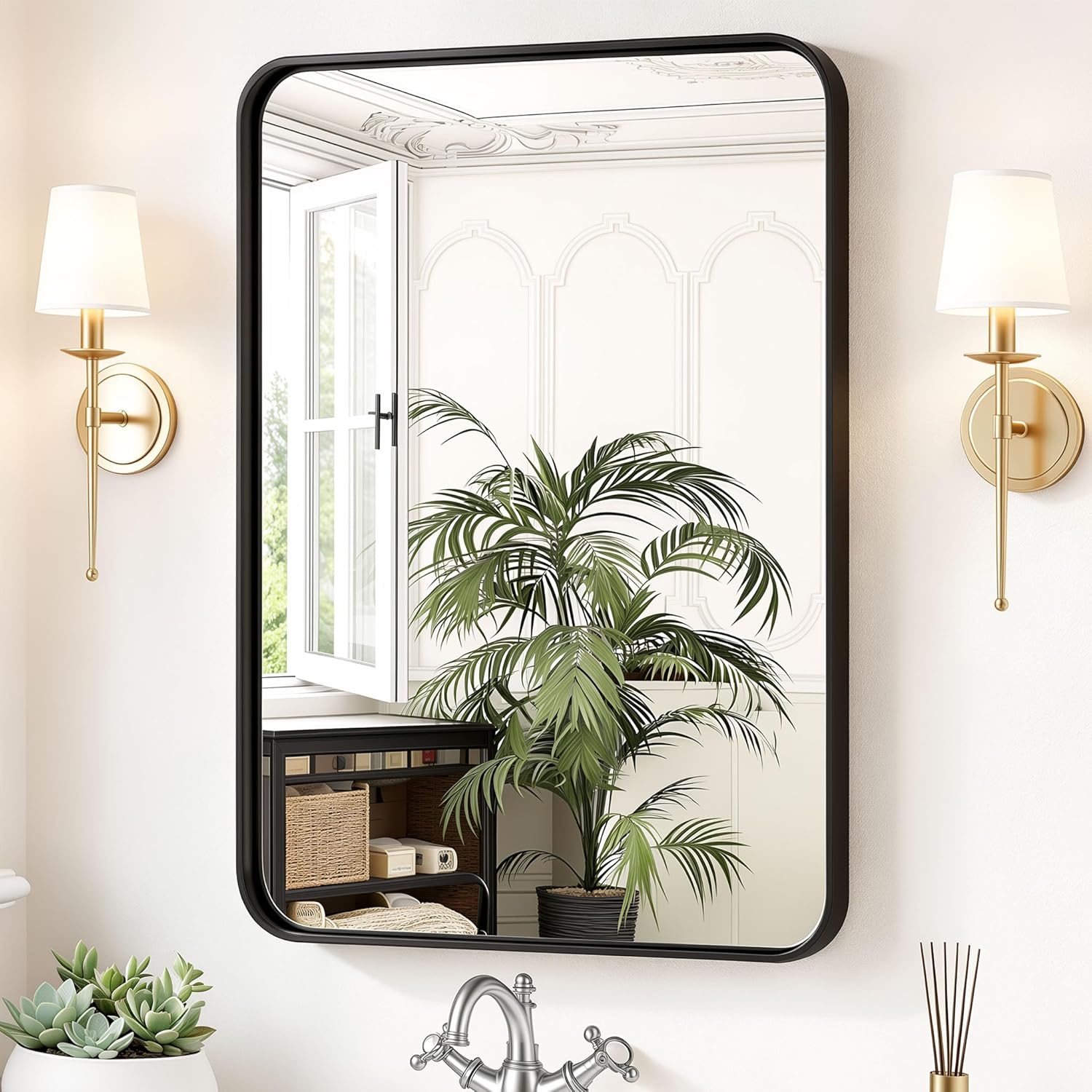 Sweetcrispy Bathroom Wall Mirror, 36x24 Inch Wall Mount Mirror for Over Sink, Modern Rounded Rectangle Vanity Mirrors with Matte Metal Framed, for Home Decor, Living Room, Bedroom, Black