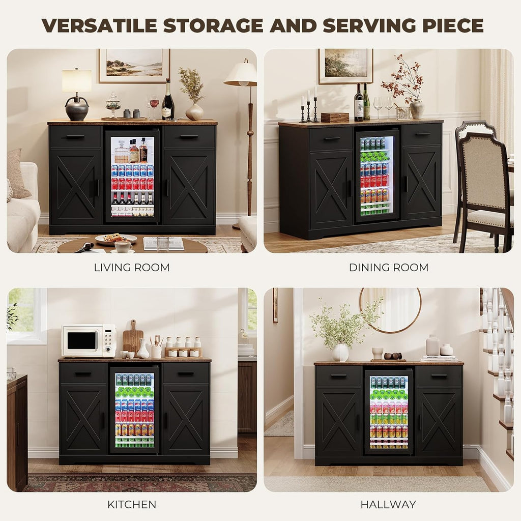 Large Coffee Bar Cabinet with Fridge (Fridge Included), 47'' Farmhouse Bar Cabinet with Wine Storage, Buffet Sideboard Table Station with 2 Drawers & Large Countertop for Home, Black