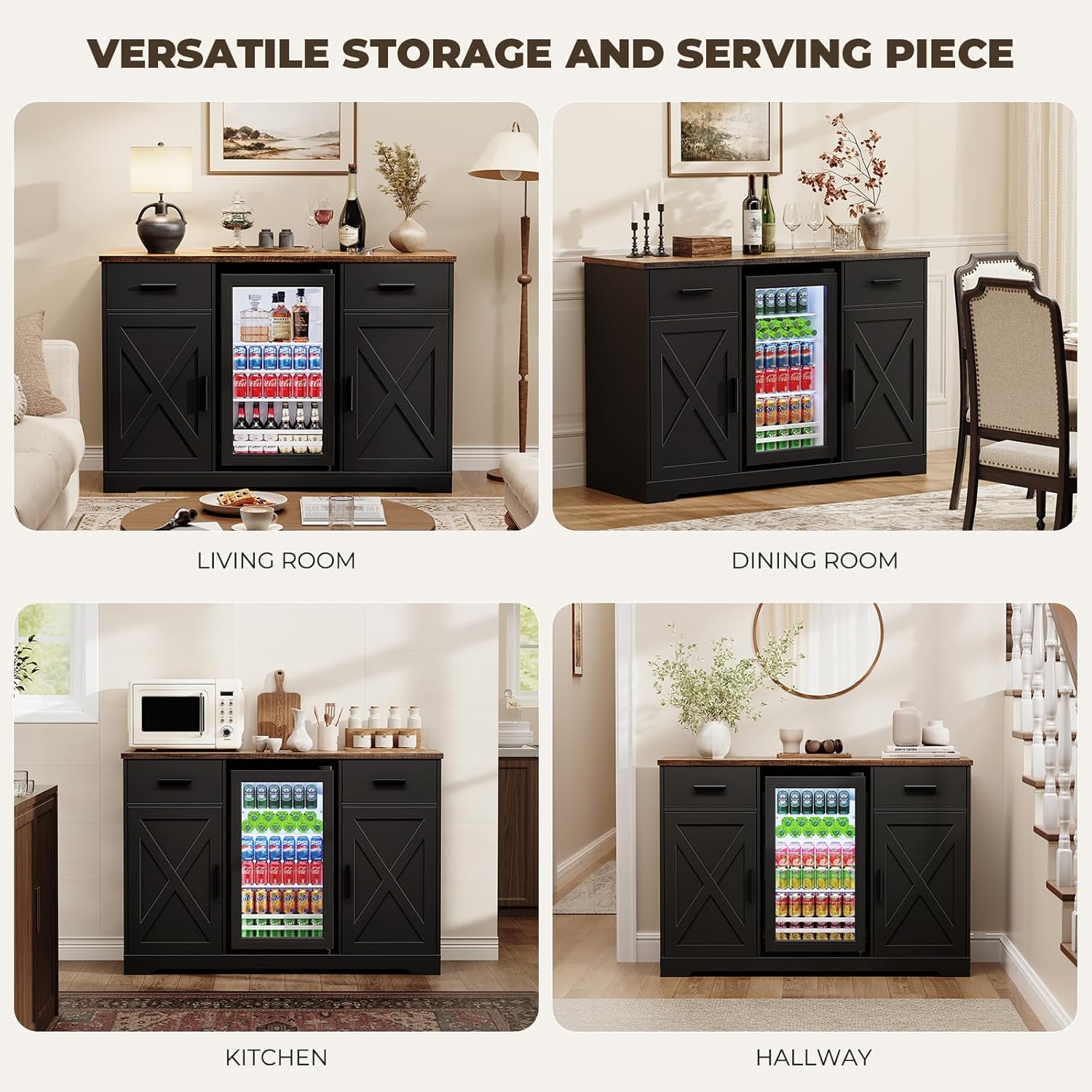 Large Coffee Bar Cabinet with Fridge (Fridge Included), 47'' Farmhouse Bar Cabinet with Wine Storage, Buffet Sideboard Table Station with 2 Drawers & Large Countertop for Home, Black