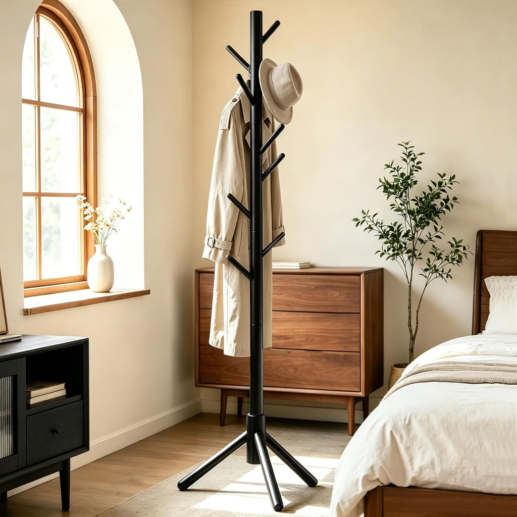 Wooden Coat Rack Freestanding with 8 Hooks & 3 Adjustable Sizes for Clothes, Space-Saving Design for Bedroom Office Entrance Holds Hats Coats Scarves Bags