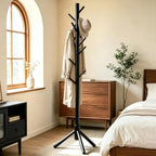 Wooden Coat Rack Freestanding with 8 Hooks & 3 Adjustable Sizes for Clothes, Space-Saving Design for Bedroom Office Entrance Holds Hats Coats Scarves Bags