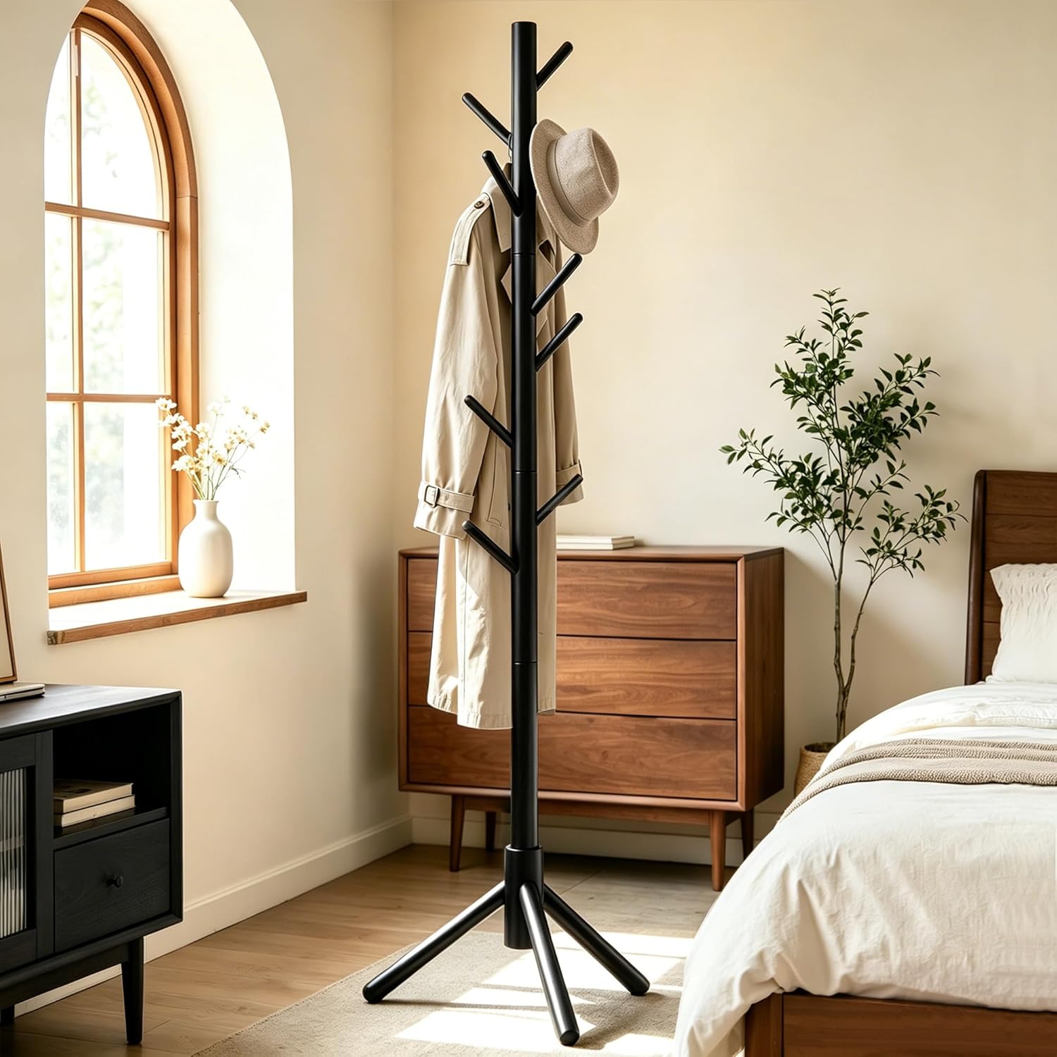 Wooden Coat Rack Freestanding with 8 Hooks & 3 Adjustable Sizes for Clothes, Space-Saving Design for Bedroom Office Entrance Holds Hats Coats Scarves Bags