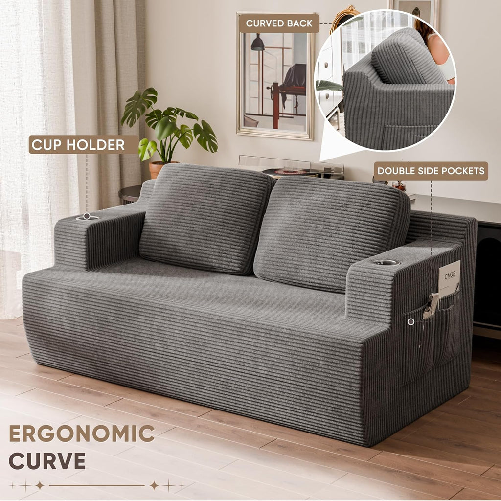 Homall 67” Boneless Sofa Couch with 2 Pillows Extra Deep Seats, Corduroy Fabric 3 Seater with Cup Holder & Storage Pocket Upholstered Floor Easy Installation (Grey, Loveseat)