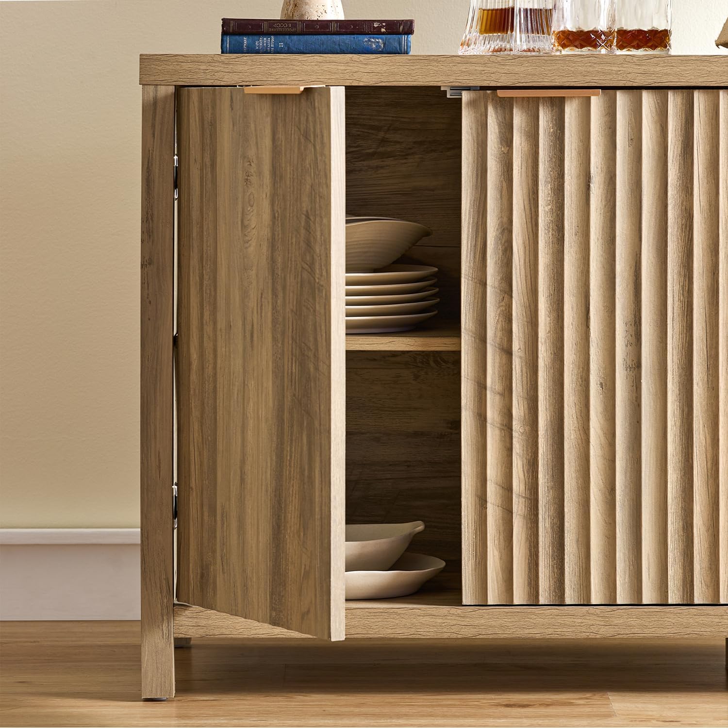 OAKHAM HOME Fluted Cabinet, Modern Sideboard Buffet Cabinet with Storage Credenza with Doors & Shelves Media Console Accent for Entryway Hallway Dining Room Living Room Golden Oak