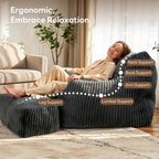 Giant Bean Bag Chair, Oversized Bean Bag Couch for Adults, Fluffy Corduroy BeanBag with Armrests & Ottoman for Living Room, Bedroom, Vacuum-Compressed for Gifting, 48h to Expand Dark Gray