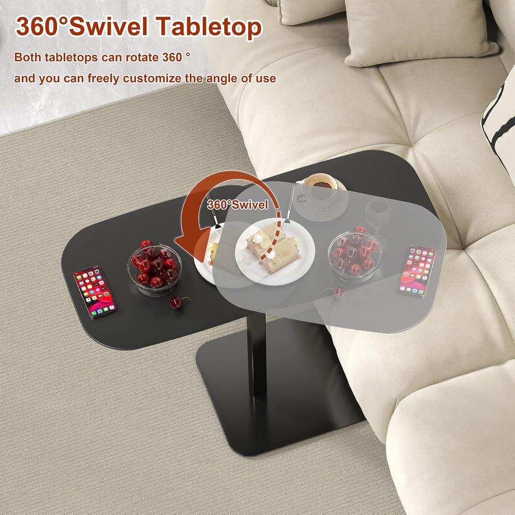 Adjustable Height C Shaped Side Table, 360°Swivel C Shaped End Table, Double Tabletop Laptop Stand, Couch Side Tables that Slide Under,Rotating Small Coffee Table for Sofa/Bed (Black)