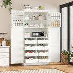 70.9" Tall Freestanding Kitchen Pantry Cabinet with 4 Doors, Large Wooden Kitchen Organizers Storage Cabinet with 8 Pull-Out Trays and 2 Door Shelves for Dining Room, White