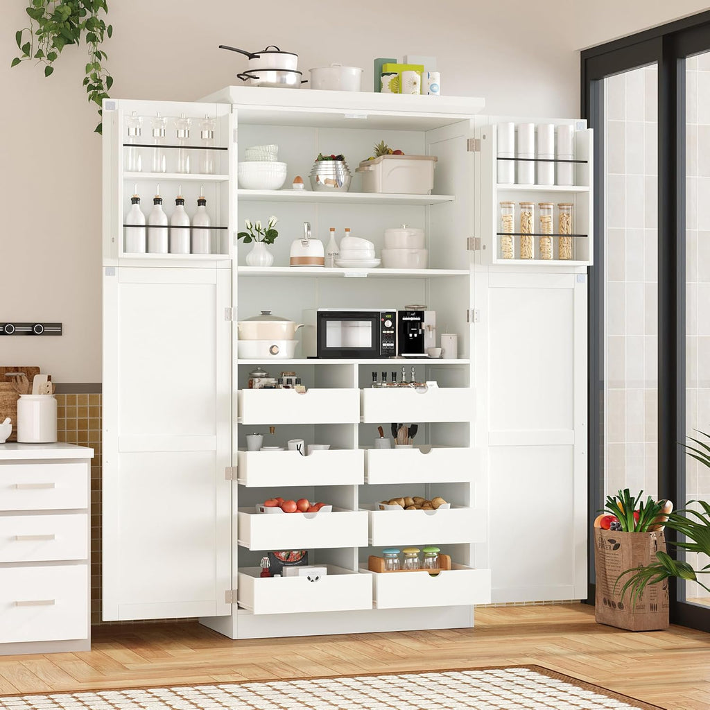 LUMISOL Kitchen Pantry Cabinet, 70.9" Tall Cupboard Storage Cabinet with Adjustable Shelves and Door Shelves, Freestanding Kitchen Hutch with 8 Pull-Out Trays for Dining Room Living Room, White