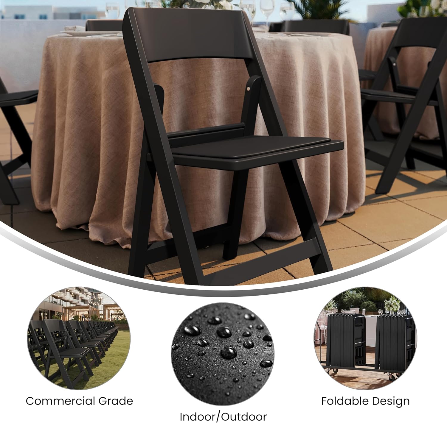 Flash Furniture Hercules Tucker Commercial Black Resin Folding Chair - Lightweight, Vinyl Padded Removable Seat, Indoor Outdoor Use, Event & Wedding Ready