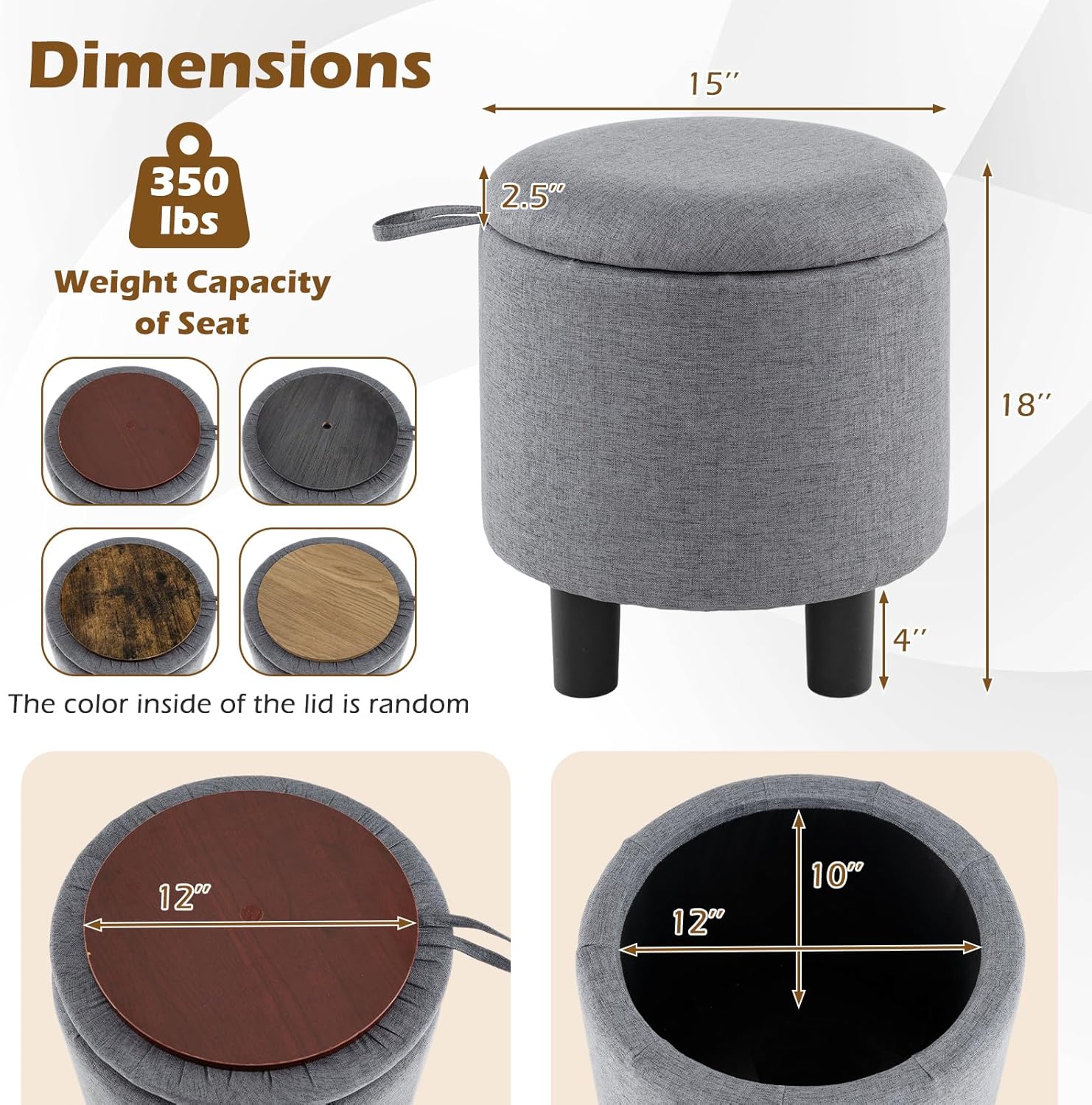 Giantex Round Storage Ottoman, Linen Fabric Upholstered Ottoman Foot Rest with Removable Lid, Small Ottoman Foot Stool for Bedroom Living Room (Gray)