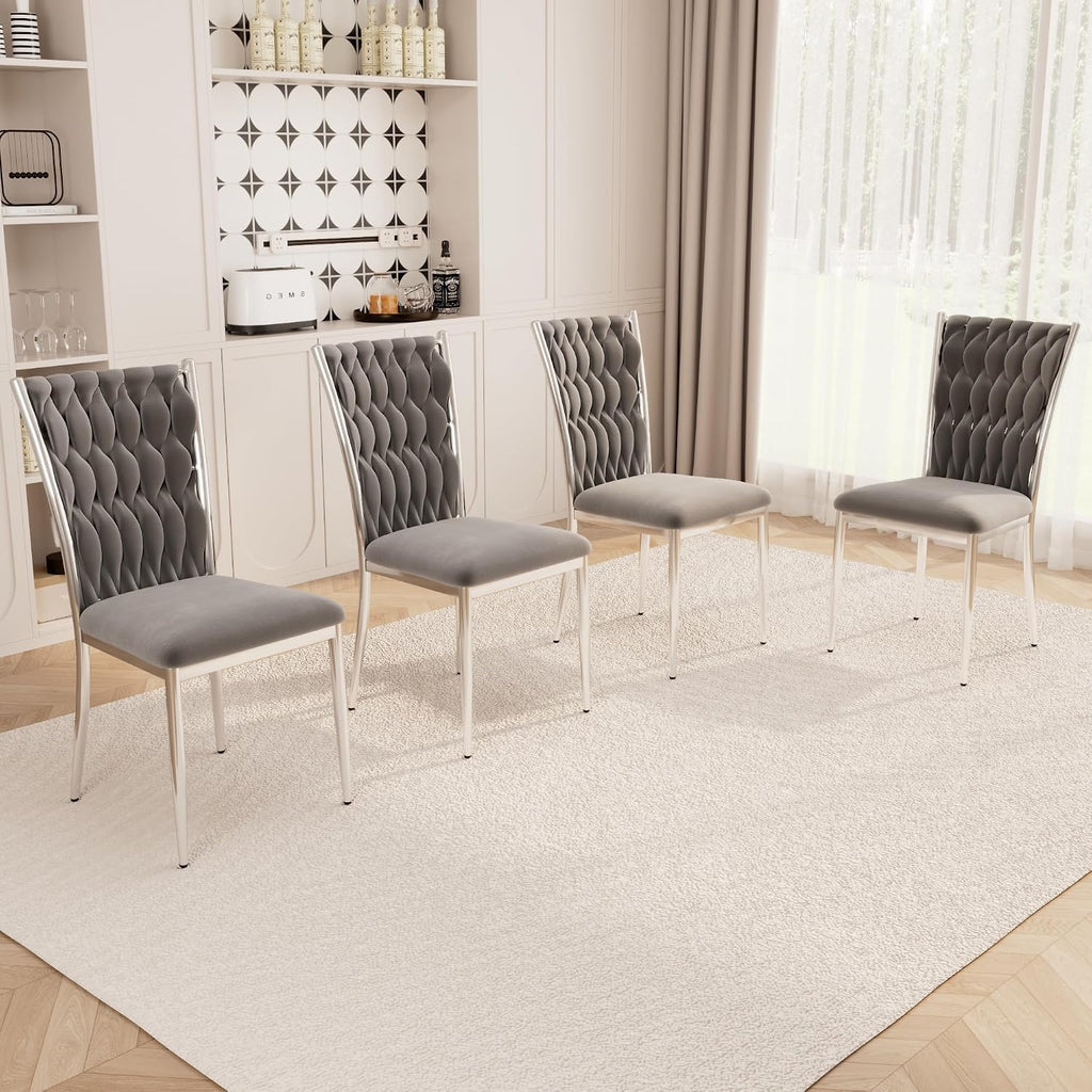 Velvet Dining Chairs Set of 4, Modern Woven Kitchen Chairs with Silver Metal Legs, Upholstered Cushion with High Back, Dirt Resistance, Easy to Install, for Living Room, Dining Room - Dark Grey