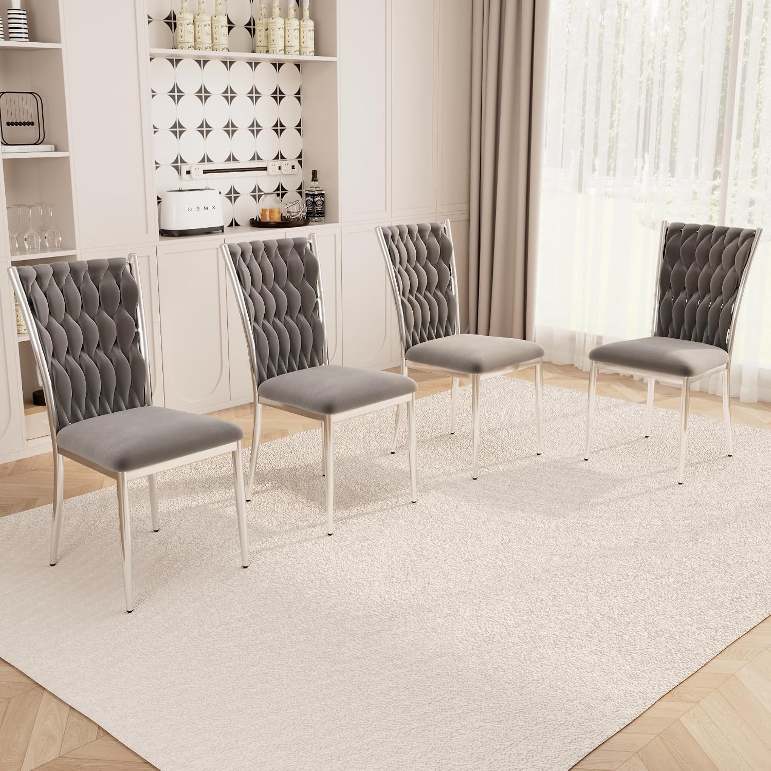 Velvet Dining Chairs Set of 4, Modern Woven Kitchen Chairs with Silver Metal Legs, Upholstered Cushion with High Back, Dirt Resistance, Easy to Install, for Living Room, Dining Room - Dark Grey