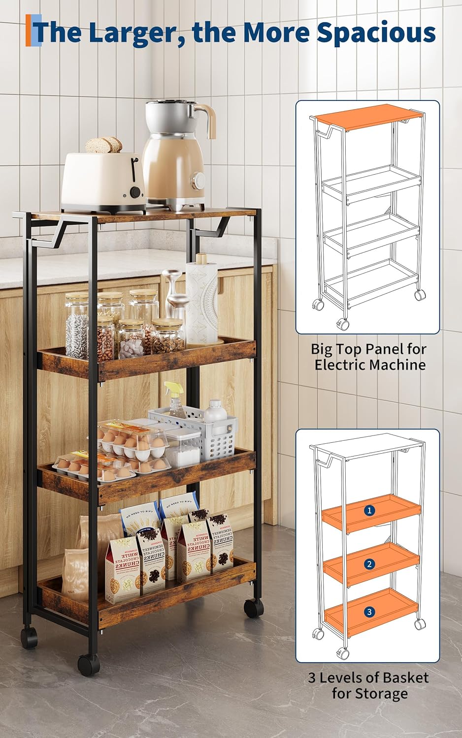 Garvee Large 4-Tier Wooden Folding Storage Shelf Cart with Locking Wheel, Expandable Kitchen Organizer Rack, 100 Lbs Loading Heavy Duty Garage Shelving, Easy Foldable No Assembly Required