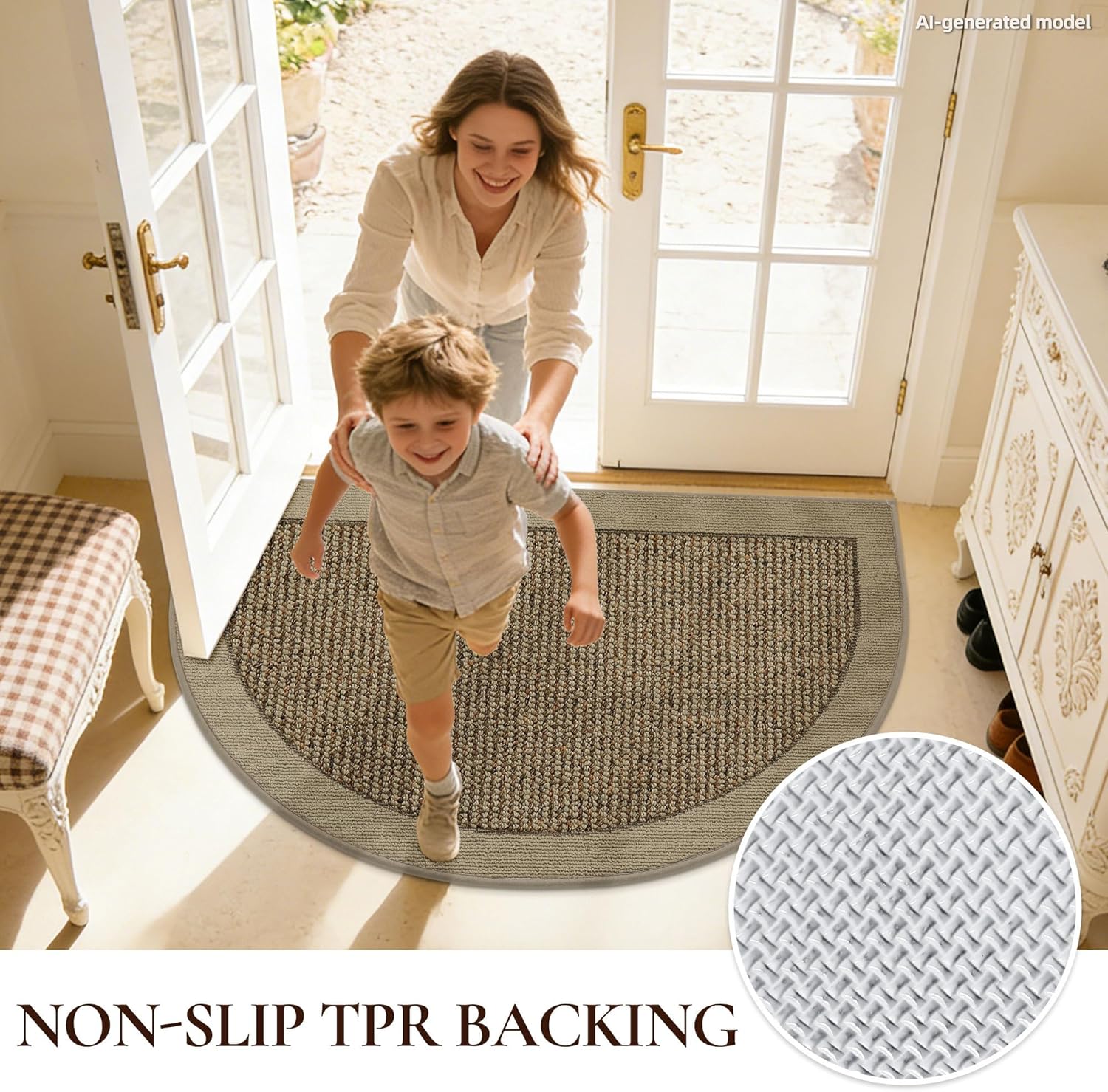 Half Circle Door Mat Indoor Entrance Welcome, Non-Slip Washable Doormat, Trap Dirt and Moisture, Low Profile Mats for Indoor Entry, 17"x30", Beige