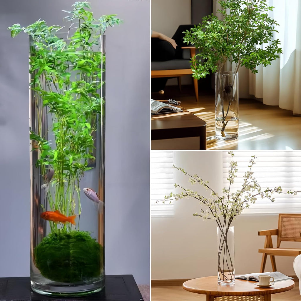 Extra Large Acrylic Cylinder Clear Vase for Floor, Tall Big Wide Mouth Plastic Unbreakable Hurricane Flower Vases of 3 for Home Decor (D 8" X H 19.7", D 6", D 4.8" + 2 Holder)