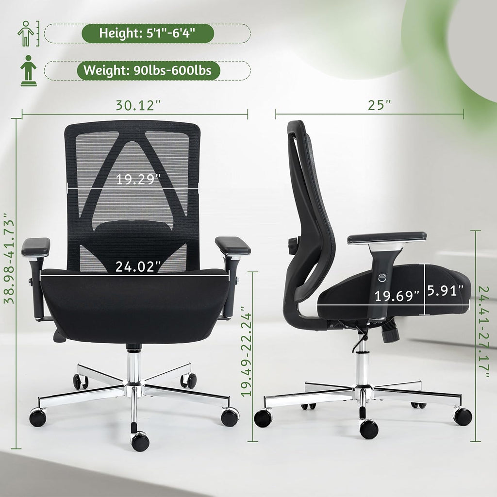 600LBS Big and Tall Office Chair,Ergonomic Mesh Office Chairs with Thicken Oversized Spring Cushion,Executive Computer Desk Chair Adjustable Upgraded 4D Armrests for Home Office,Black