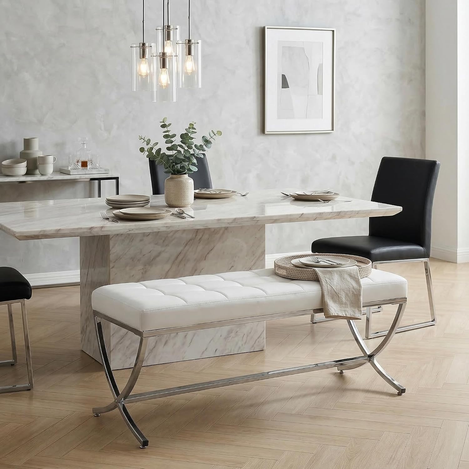 LukeAlon Modern PU Leather Dining Bench, Button Tufted Ottoman Bench with X-Shape Chrome Finish Upholstered End of Bed Bench Comfy Entryway Bench for Bedroom Kitchen, White