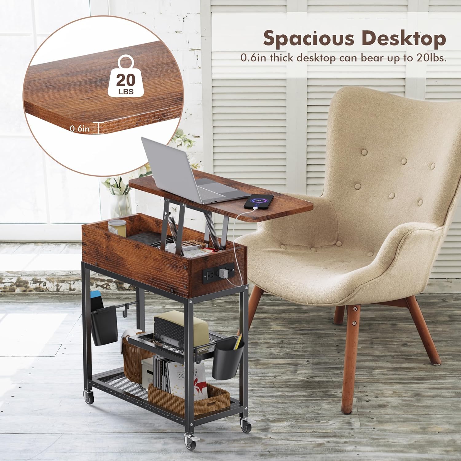 Colima Lift-Top Side Table with Charging Station - Mobile End Table with USB Ports & AC Outlets, Hidden Storage, Wheels - Rustic Wood Nightstand for Living Room, Bedroom, Office