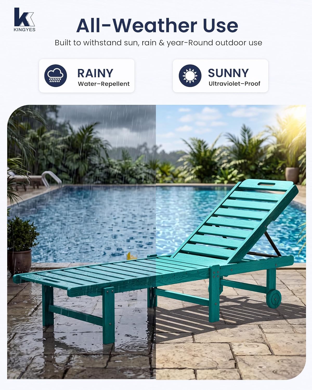 KINGYES Outdoor Armless Chaise Lounge Set of 2, HDPE Pool Lounge Chairs with Cup Holder & Wheels, Patio Lounger Chairs for Poolside, Aruba