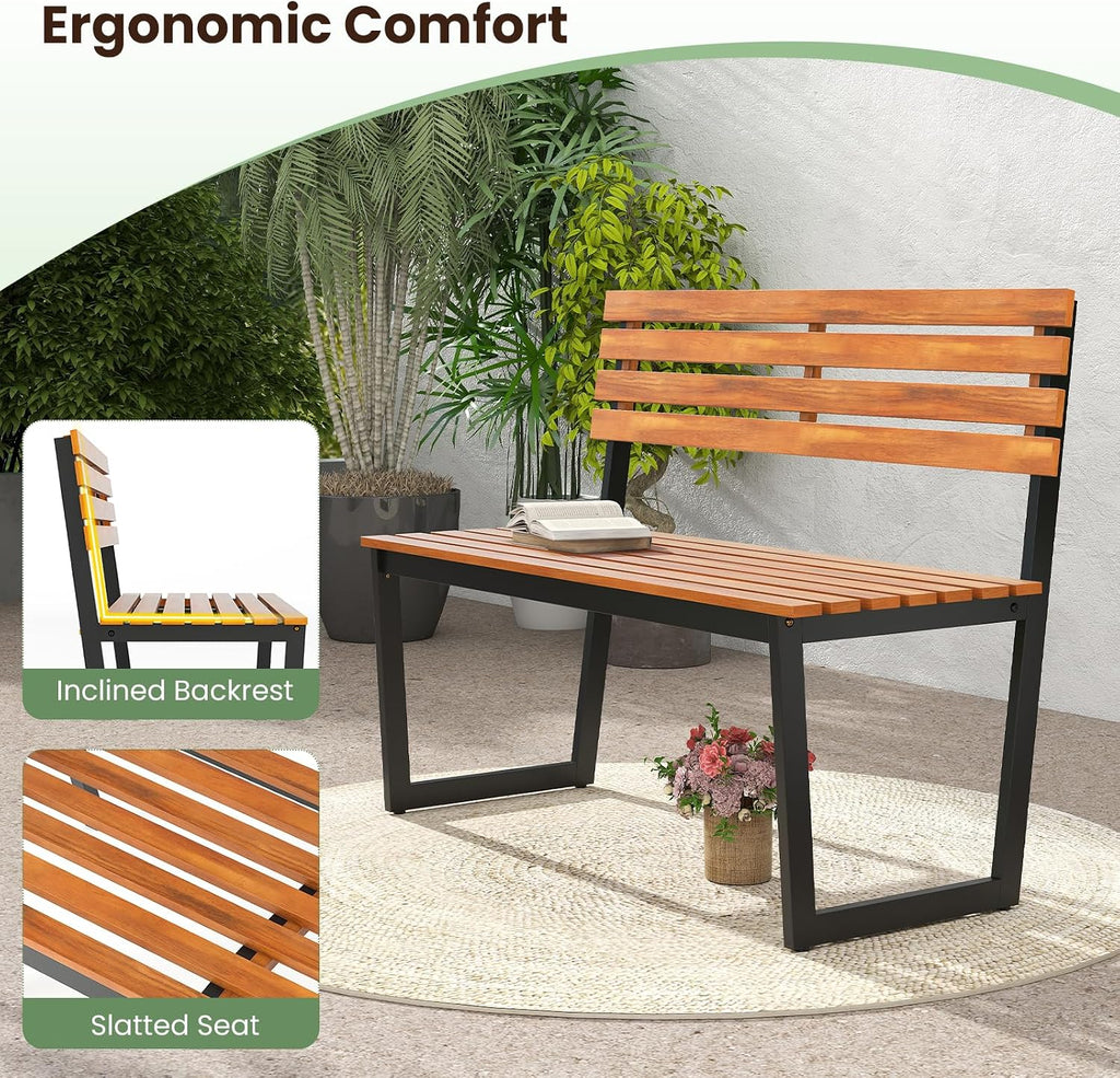 Tangkula 43" Outdoor Wood Bench, 2-Person Acacia Wood Bench with Heavy-Duty Metal Frame, Slatted Seat & Inclined Backrest, 800 lbs Weight Capacity, Patio Bench for Porch, Yard, Balcony, Lawn