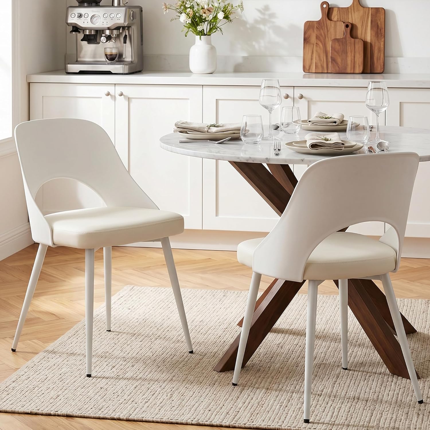 LSSBOUGHT Mid Century Modern Dining Chairs,Shell Lounge Plastic Side Chair with Soft Padded and Wooden Legs for Dining Room Living Room Bedroom Kitchen Set of 2 (Beige)