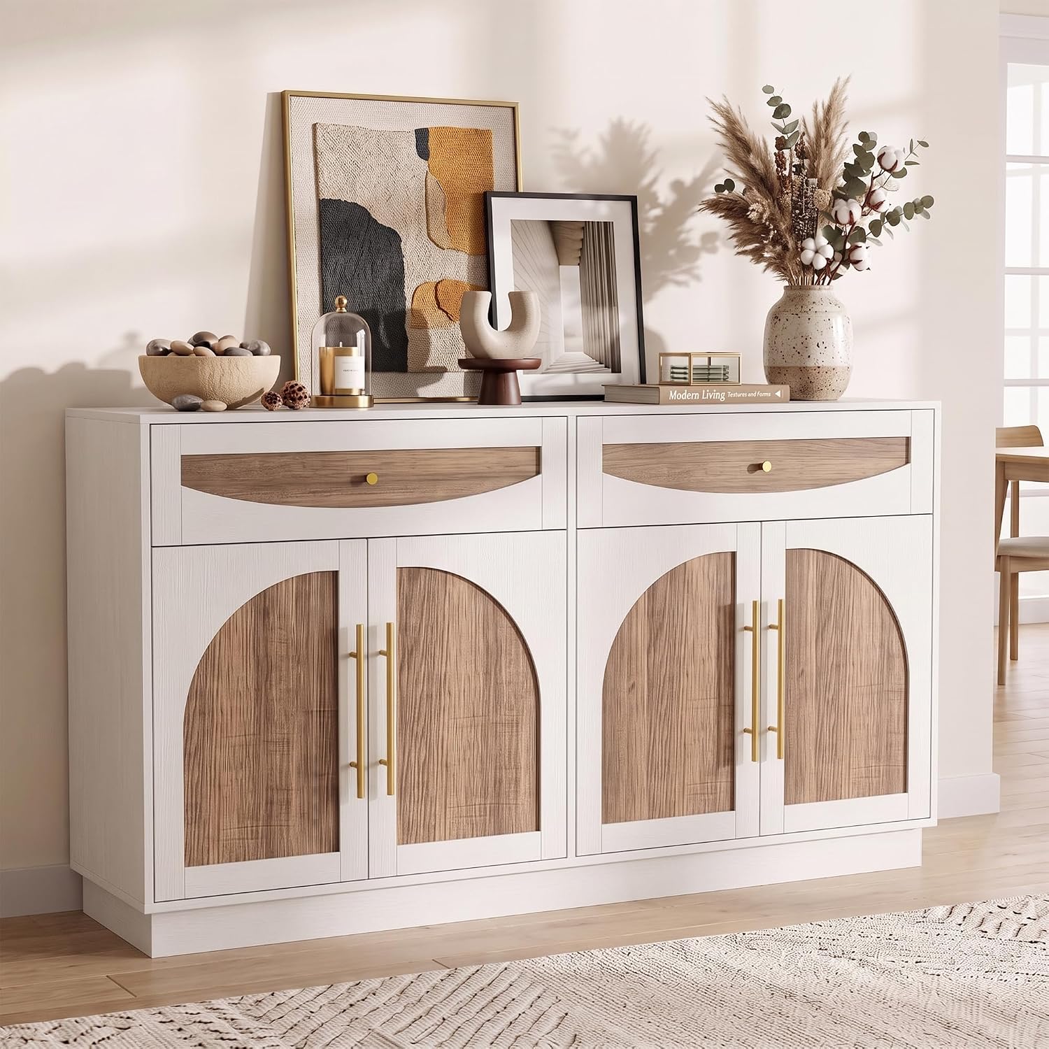 63'' Arched Door Sideboard Buffet Cabinet with Drawers, White and Natural | Modern Farmhouse, Two-tone, Removable Shelves, Metal Handle, Large Storage Space, Wooden Storage Cabinet, Coffee Bar Station