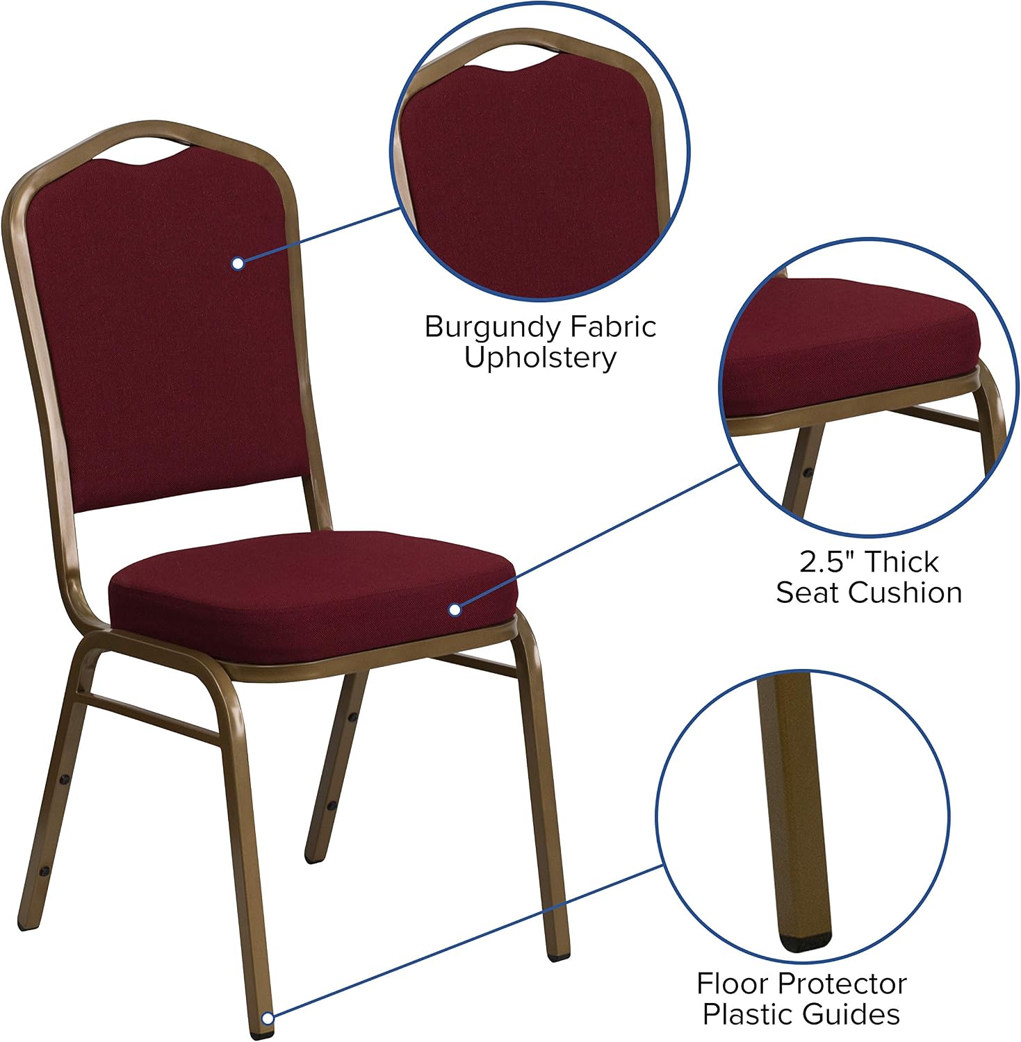 BizChair Crown Back Stacking Banquet Chair in Burgundy Fabric - Gold Frame