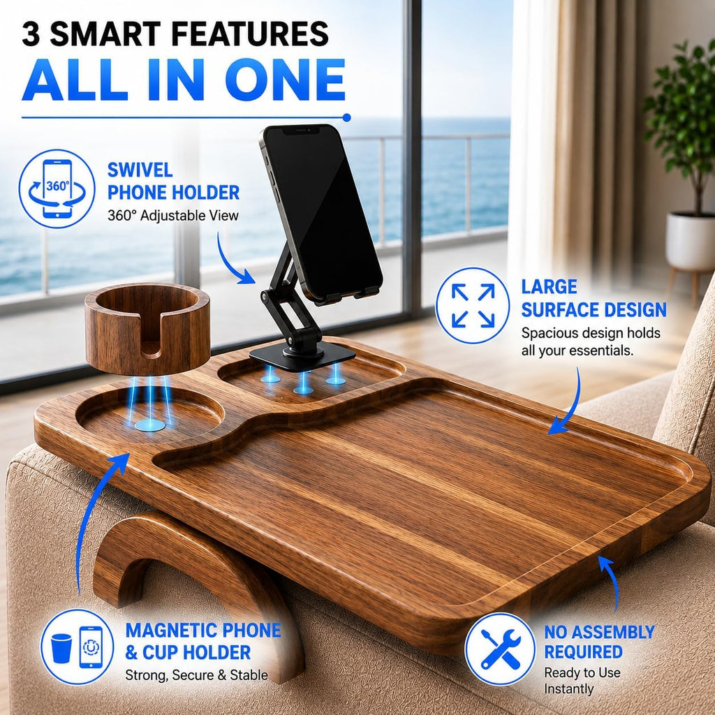 Couch Armrest Table with Cup Holder (15.31" x 9.65") - Acacia Sofa Arm Tray Organizer with Magnetic & 360° Rotating Phone Holder - Fits Couch Arm for Drinks, Snacks & Remote Control
