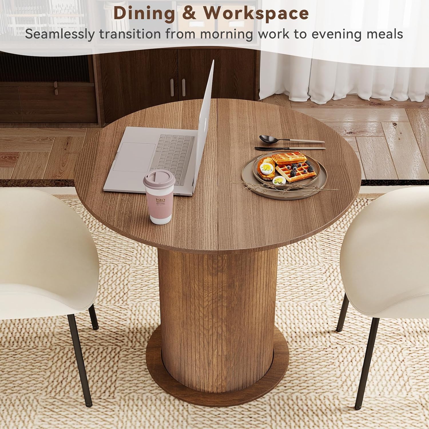 31.5 Inch Round Dining Table with Hidden Storage, Modern Fluted Pedestal Kitchen Table for Small Spaces, Circular Breakfast Nook Table with 2-Layer Shelves for Apartment Studio, Brown