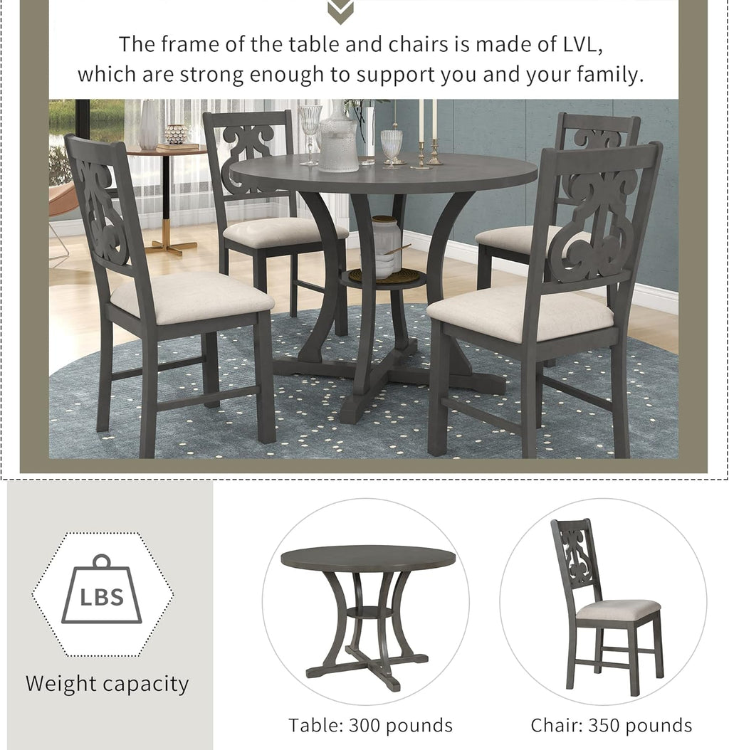 Merax 5 Piece Round Dining Table Set 4 Retro Chairs with Special-Shaped Table Legs, Exquisitely Designed Hollow Chair Back for Dining Room, Grey