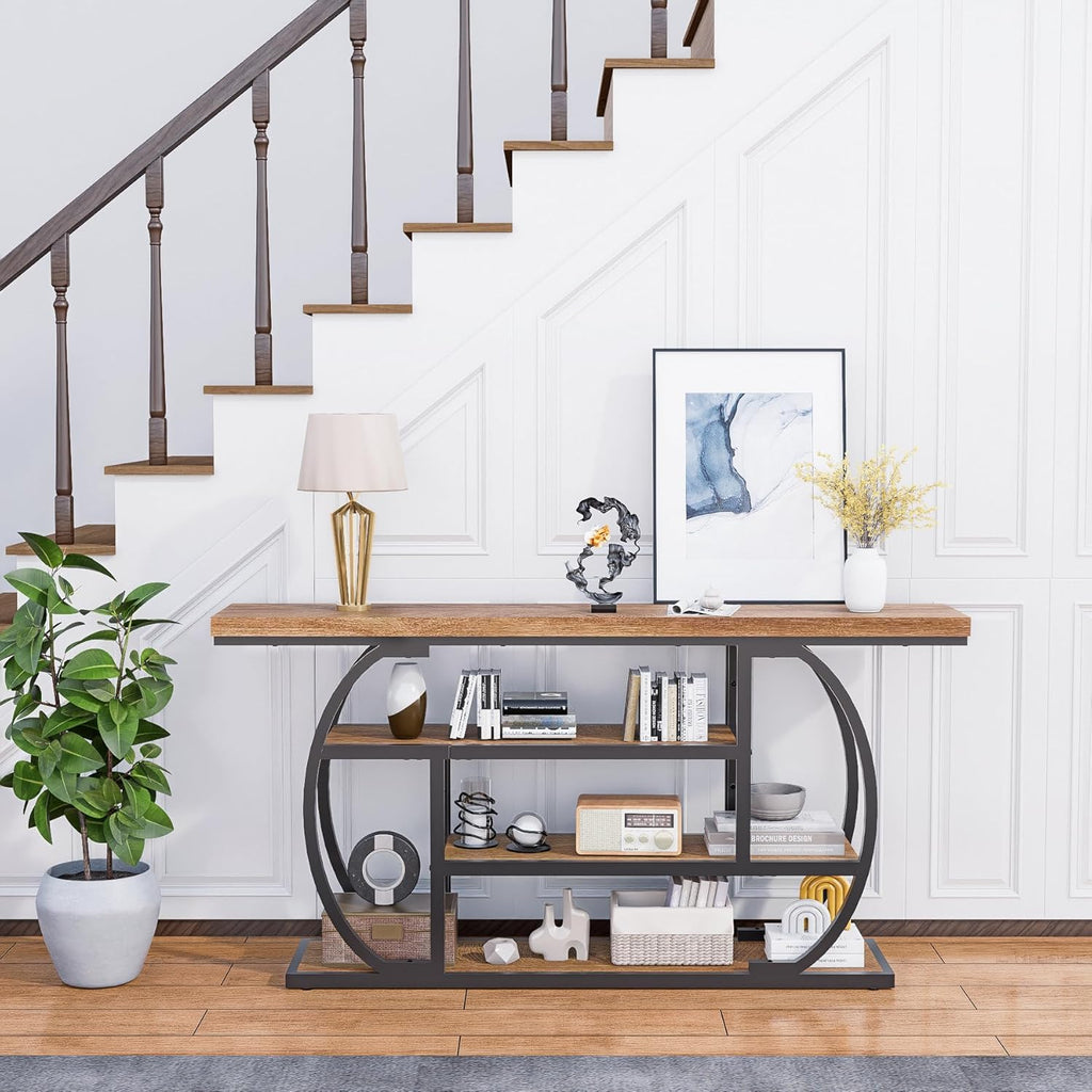 63” Industrial Console Table with 4-Tier Display Shelves, Narrow Long Sofa Table Behind Couch, Entryway/Hallway/Foyer Accent Table with Metal Frame for Living Room (Natrual Wood)