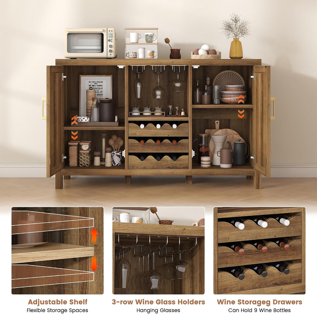 Rattan Wine Bar Cabinet, Boho Rattan Home Bar with Glass Holder and Drawer Style Racks, Oak Sideboard Buffet Storage Cabinet for Living Dining Room Kitchen (Caramel Oak)