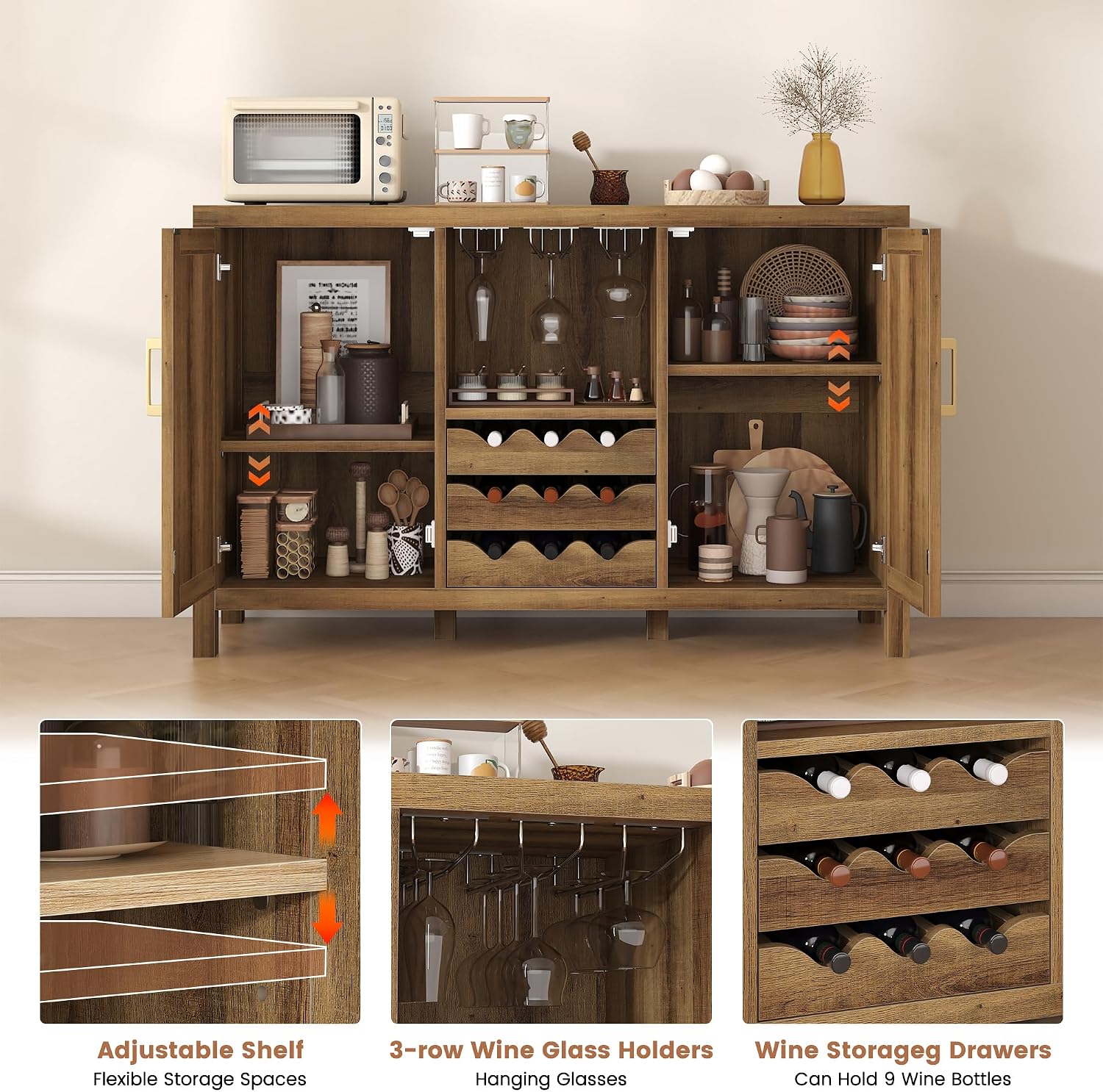 Rattan Wine Bar Cabinet, Boho Rattan Home Bar with Glass Holder and Drawer Style Racks, Oak Sideboard Buffet Storage Cabinet for Living Dining Room Kitchen (Caramel Oak)
