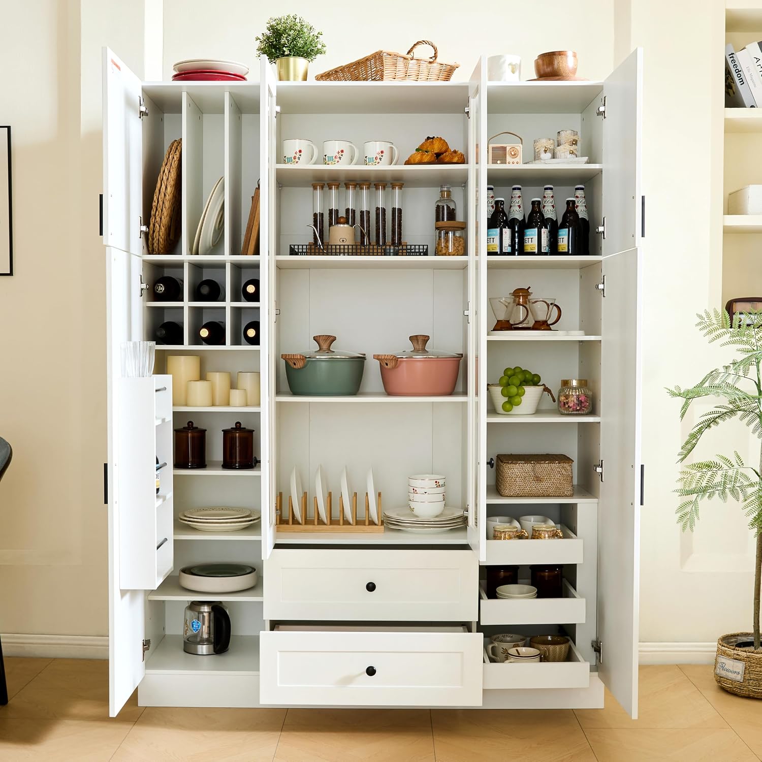Modern Large Kitchen Pantry Organizer with Acrylic Doors, Wine Storage, and Adjustable Shelving for Ultimate Home Organization (White-M)