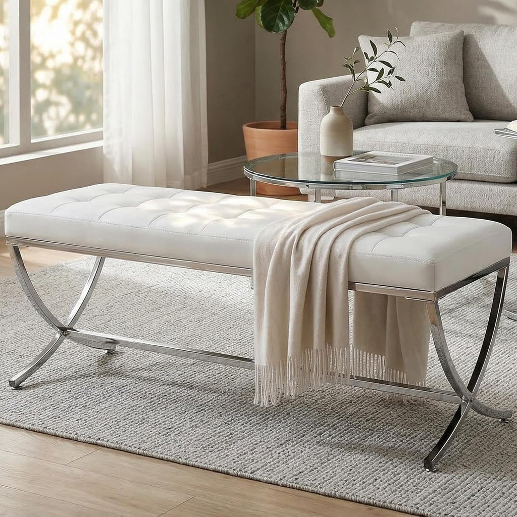 LukeAlon Modern PU Leather Dining Bench, Button Tufted Ottoman Bench with X-Shape Chrome Finish Upholstered End of Bed Bench Comfy Entryway Bench for Bedroom Kitchen, White