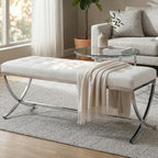 LukeAlon Modern PU Leather Dining Bench, Button Tufted Ottoman Bench with X-Shape Chrome Finish Upholstered End of Bed Bench Comfy Entryway Bench for Bedroom Kitchen, White