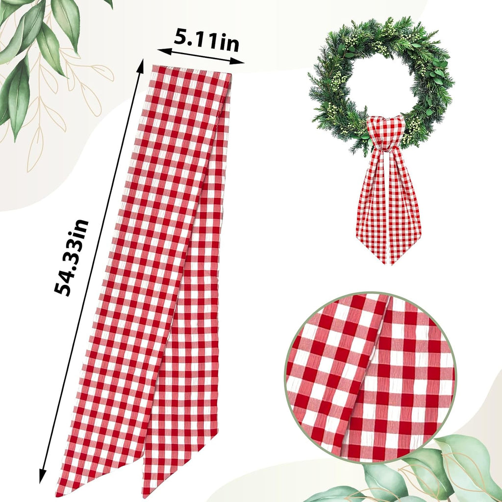 Wreath Sash for Front Door Red White Buffalo Plaid Seersucker Wreath Satin Sash Burlap Garland Ribbon Accessories for Wreath Yard Doorway Indoor Outdoor Bow Bridal Shower Home Decor,5.1 x 54.3
