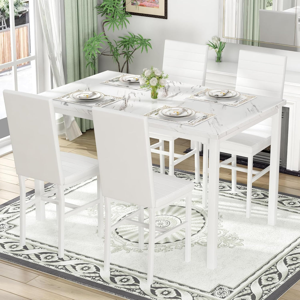 Hooseng Dining Table Set for 4, 5-Piece Faux Marble Dinner Table Set with 4 Upholstered PU Leather Chairs Kitchen Table Chairs Set Modern Space-Saving Dinette Set for Breakfast Nook Apartment White