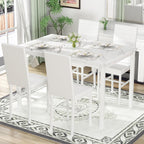 Hooseng Dining Table Set for 4, 5-Piece Faux Marble Dinner Table Set with 4 Upholstered PU Leather Chairs Kitchen Table Chairs Set Modern Space-Saving Dinette Set for Breakfast Nook Apartment White