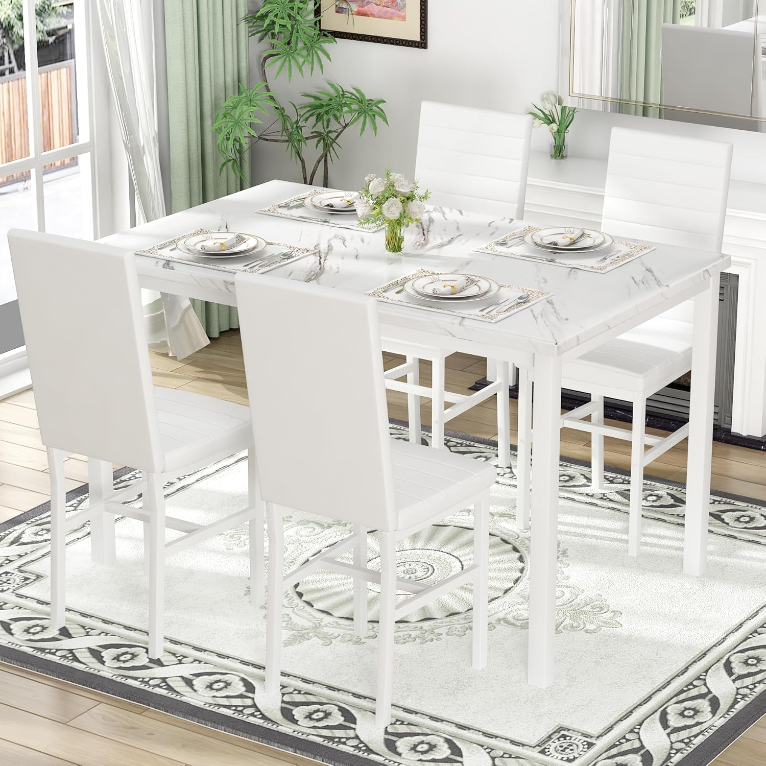 Hooseng Dining Table Set for 4, 5-Piece Faux Marble Dinner Table Set with 4 Upholstered PU Leather Chairs Kitchen Table Chairs Set Modern Space-Saving Dinette Set for Breakfast Nook Apartment White
