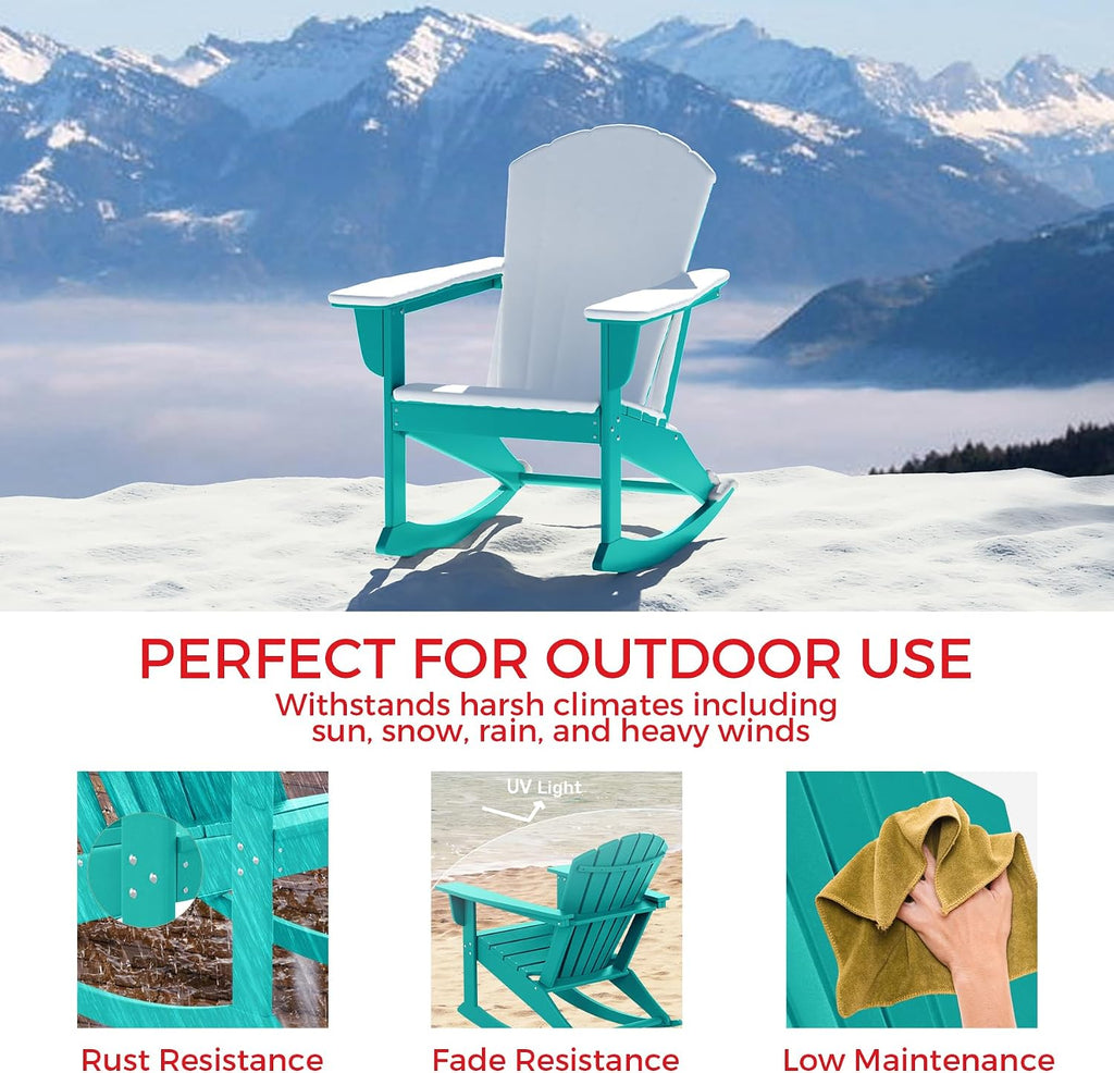 Costaelm Outdoor Adirondack Chair, All Weather Resistant Lawn Chairs Balcony Chair and Fire Pit Chairs, Deck Chairs Outdoor Porch Rocking Chair High Back HDPE Poly Lumber, Turquoise