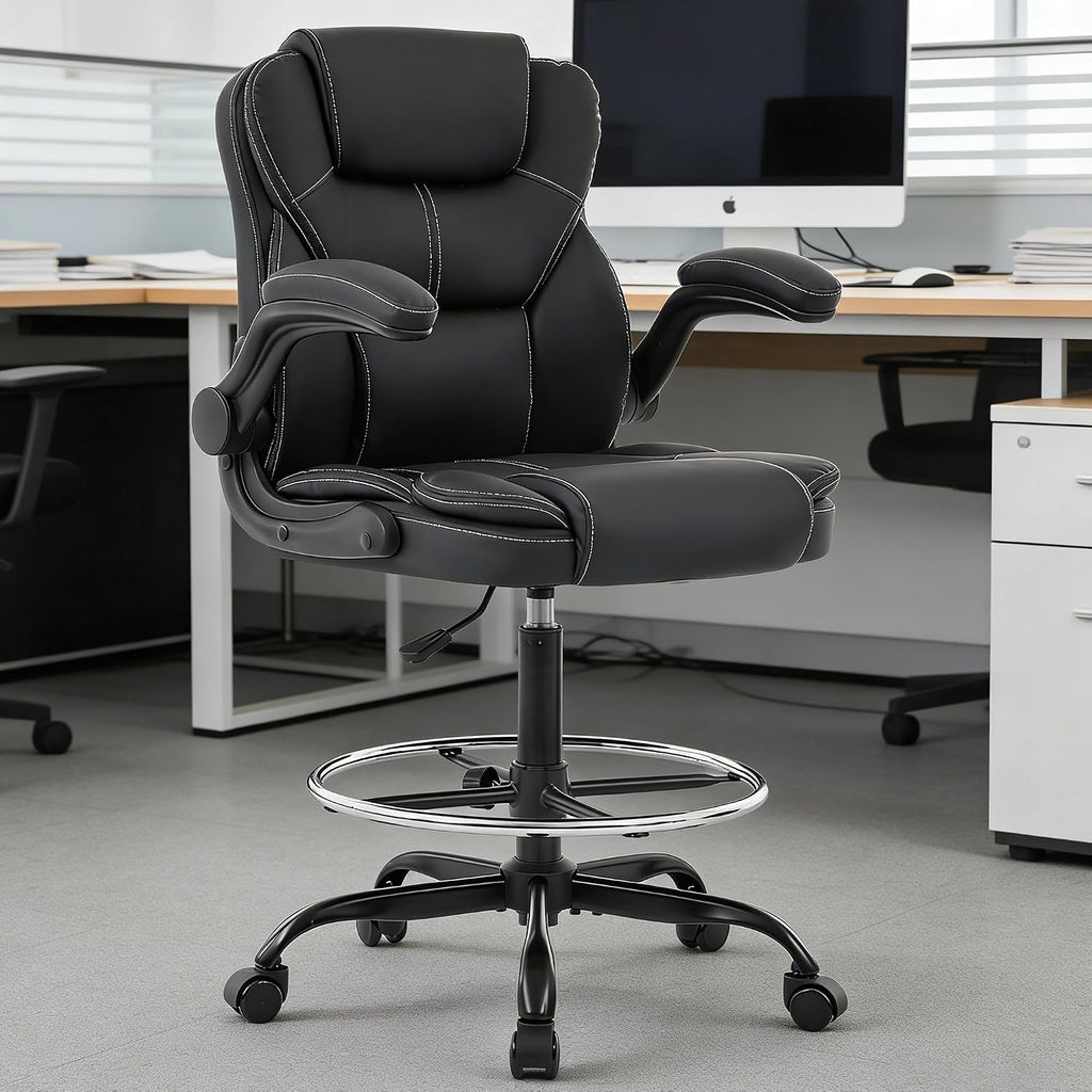Drafting Chair Tall Office Chair for Standing Desk, 500lbs Heavy Duty Executive Chair with Flip-up Arms, 3D Contoured Leather Desk Chair with Adjustable Foot Ring & Height for Counter Height Desk