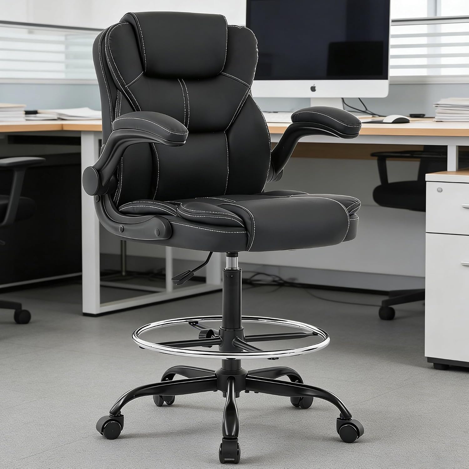 Drafting Chair Tall Office Chair for Standing Desk, 500lbs Heavy Duty Executive Chair with Flip-up Arms, 3D Contoured Leather Desk Chair with Adjustable Foot Ring & Height for Counter Height Desk