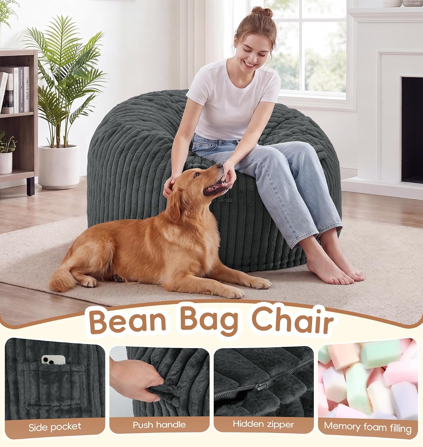 fond + found 3FT Bean Bag Chair Bean Bag Chairs for Adults with Memory Foam Removable Cover Stripe Plush, Adult Bean Bag Chairs for Living Room Bedroom Gaming Dorm Office-Dark Grey(36” x 36” x 22”)