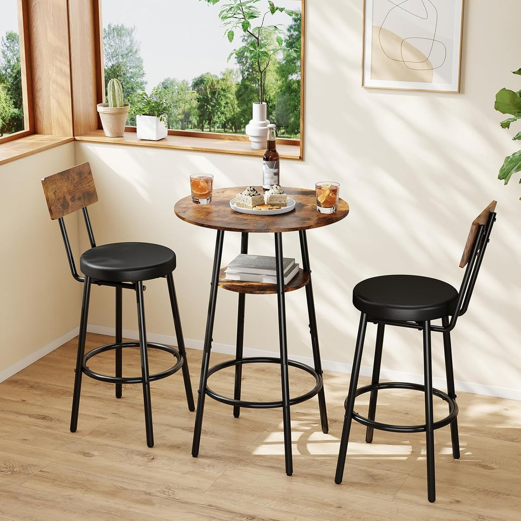 Kiivakii 3 Pieces Round Bar Table and Chairs Set, Breakfast Table, Kitchen Bar Table Set with 2 Ergonomic Cushion Bar Stools & Backrest, Hidden Storage Rack for Dining Room, Pub & Small Space, Brown