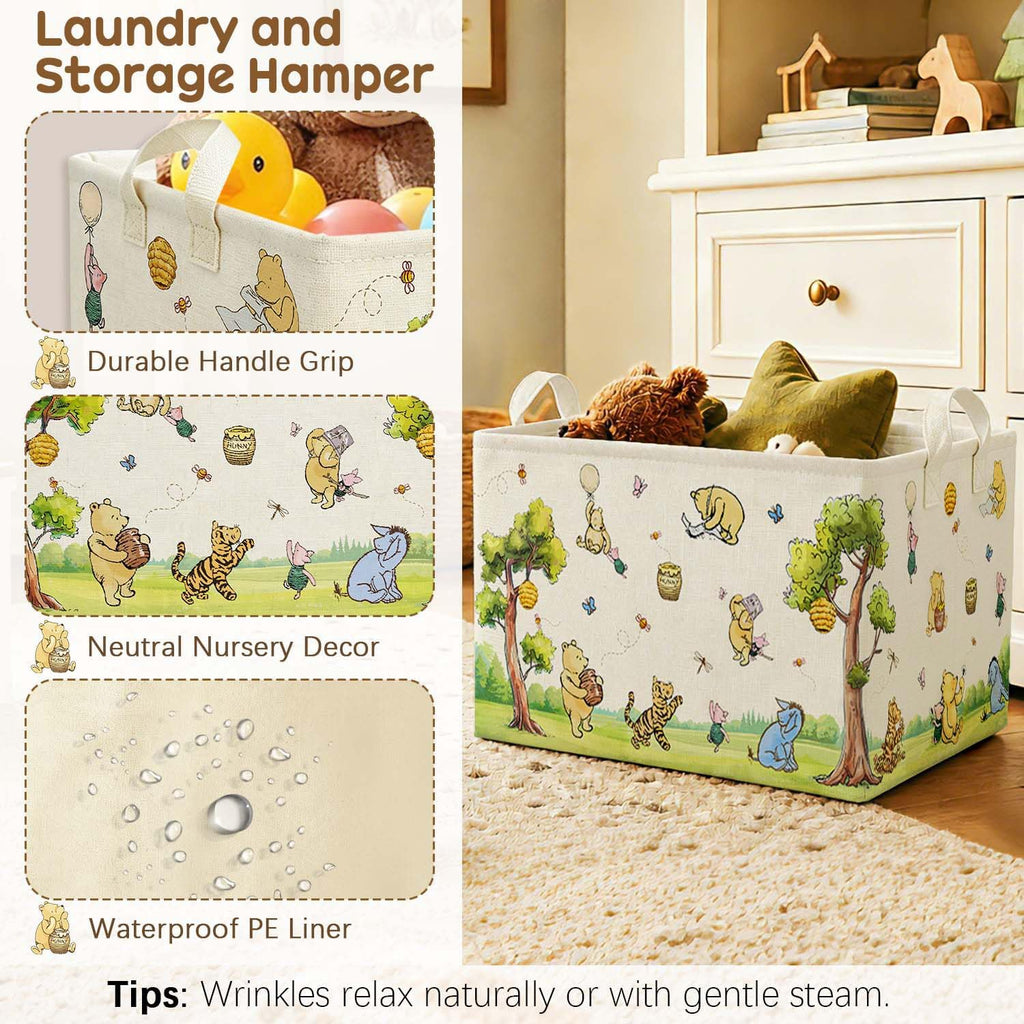 Rectangle Classic Winnie Bear Baby Basket for Nursery, Neutral Vintage Winnie Baby Stuff Gift Bags Waterproof Storage Basket Canvas Clothes Diaper Bag